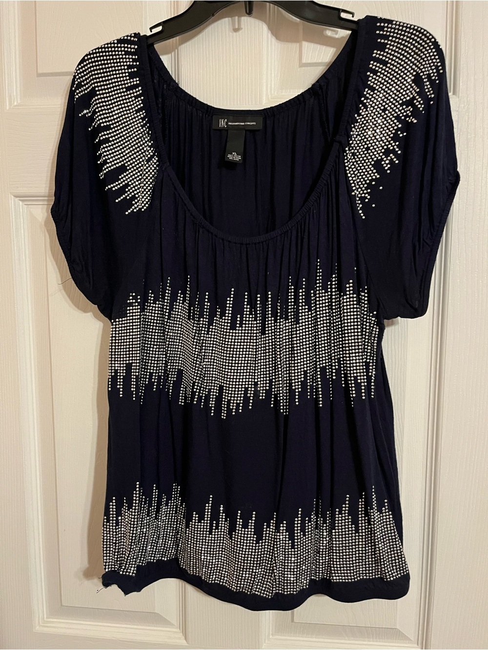 INC International Concepts Navy Short-Sleeve Studded Scoop Neck Top